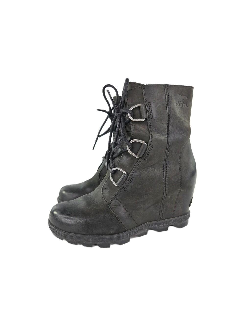 Sorel Joan of Arctic Wedge II boots US 7.5 Womens Black Leather Lace-Up Boot
